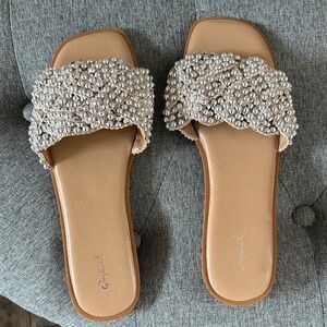 Qupid Silver Beaded Tan Sandals